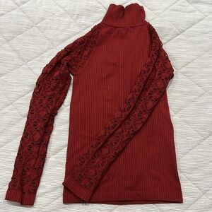 Free People Rib & Lace Turtleneck in Bordeaux